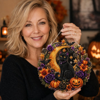 🔥Last Day 50% OFF-🎃Halloween Black Cat Moon Diamond Art Hanging Ornament Kit