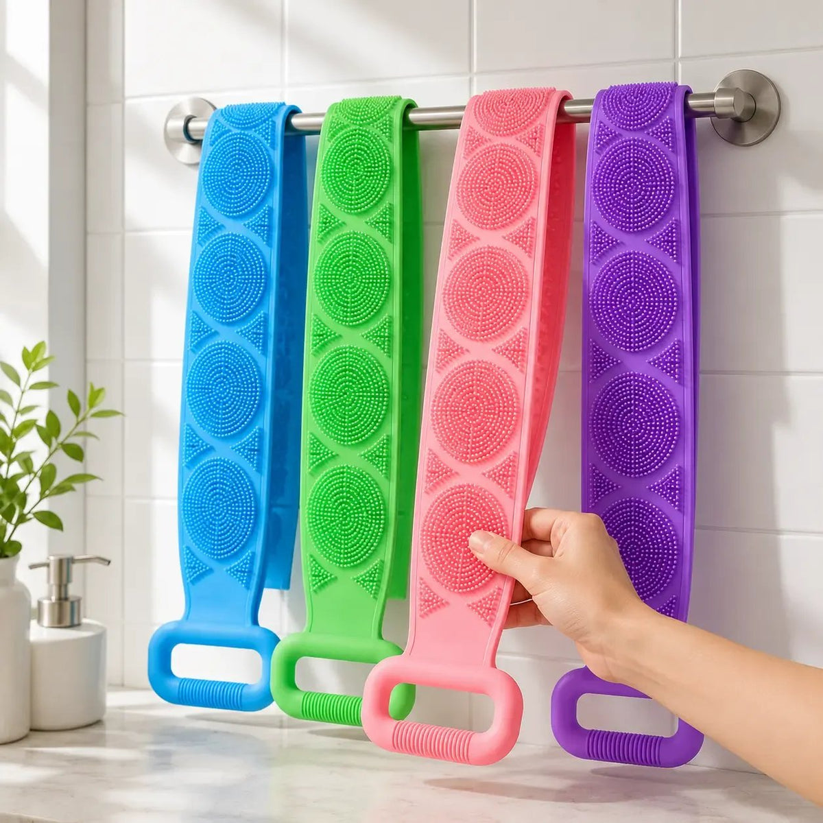 🔥LAST DAY 50% OFF - 🚿🛁 Silicone Shower Back Scrubber Belt – Double-Sided Exfoliating Shower Body Brush with Mesh Sponge for Deep Cleaning