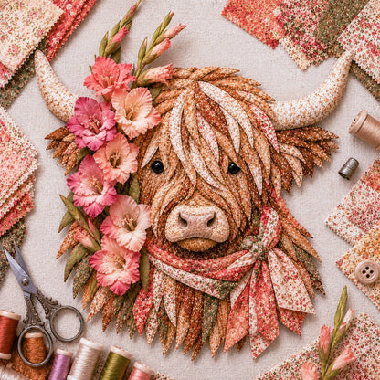 🔥 Last Day 50% OFF✨-🐮 DIY Highland Cow 3D Fabric Art Kit with Beautiful Birth Flower Design 🌸✨