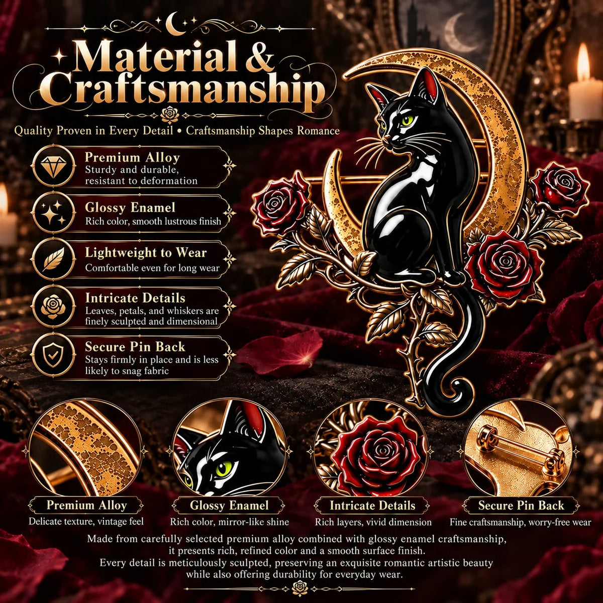 🐈‍⬛ Last Day 50% OFF✨-🌙 Gothic Black Cat Crescent Moon Rose Brooch 🖤