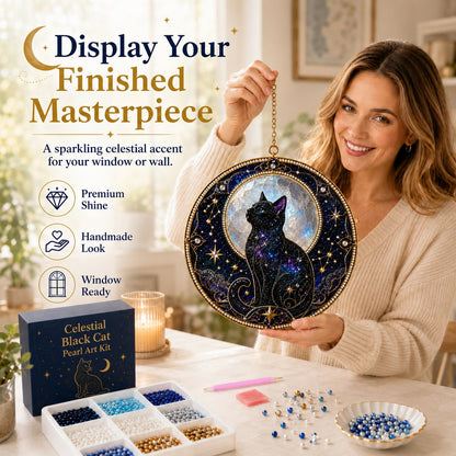 🌙🐈‍⬛ LAST DAY 49% OFF – ✨ Premium 3D Pearl Celestial Black Cat Window Hanging Kit | Luxury Flocked Canvas with Scratch-Resistant Non-Fading Pearl Beads DIY Handmade Moonlight Suncatcher Decor 🔮💎