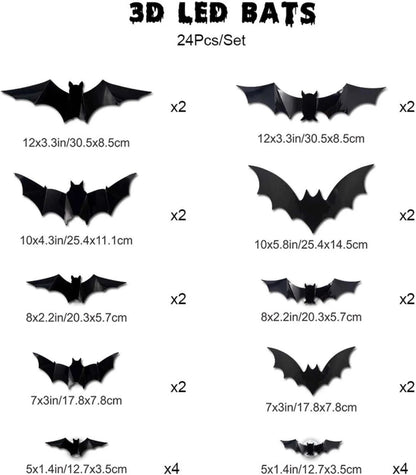 🦇 3D LED Flying Bats Halloween Wall Decor | 12-60PCS Realistic Bat Stickers with Lights