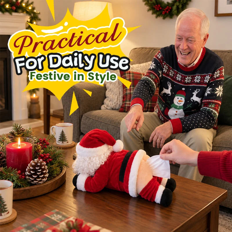 Santa tissue cover on a festive living room coffee table