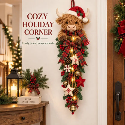 🔥 Last Day 50% OFF✨-🐮 Lighted Highland Cow Christmas Door Swag for Cozy Farmhouse Holiday Decor 🎄