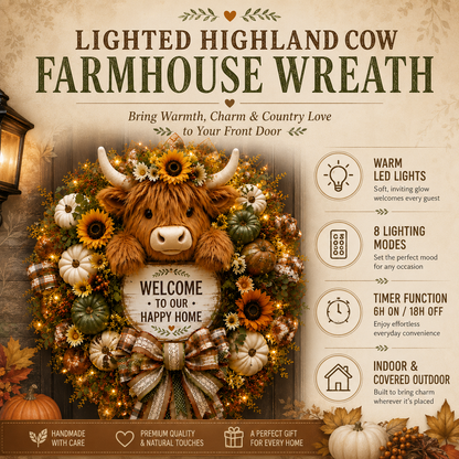🔥 Last Day 50% OFF✨-🐮Highland Cow Welcome Wreath for Cozy Farmhouse Entryway Decor & Charming Seasonal Home Style 🌾