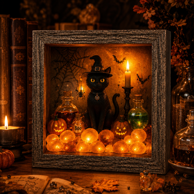 ⏰Last day Promotion 🔥-✨ DIY Halloween Shadow Box Kit with Warm LED Glow for Cozy Fall Decor 🎃