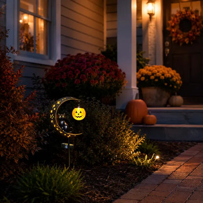 🎃 Solar Halloween Black Cat & Pumpkin Moon Garden Light ✨