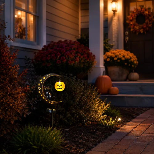 🎃 Solar Halloween Black Cat & Pumpkin Moon Garden Light ✨