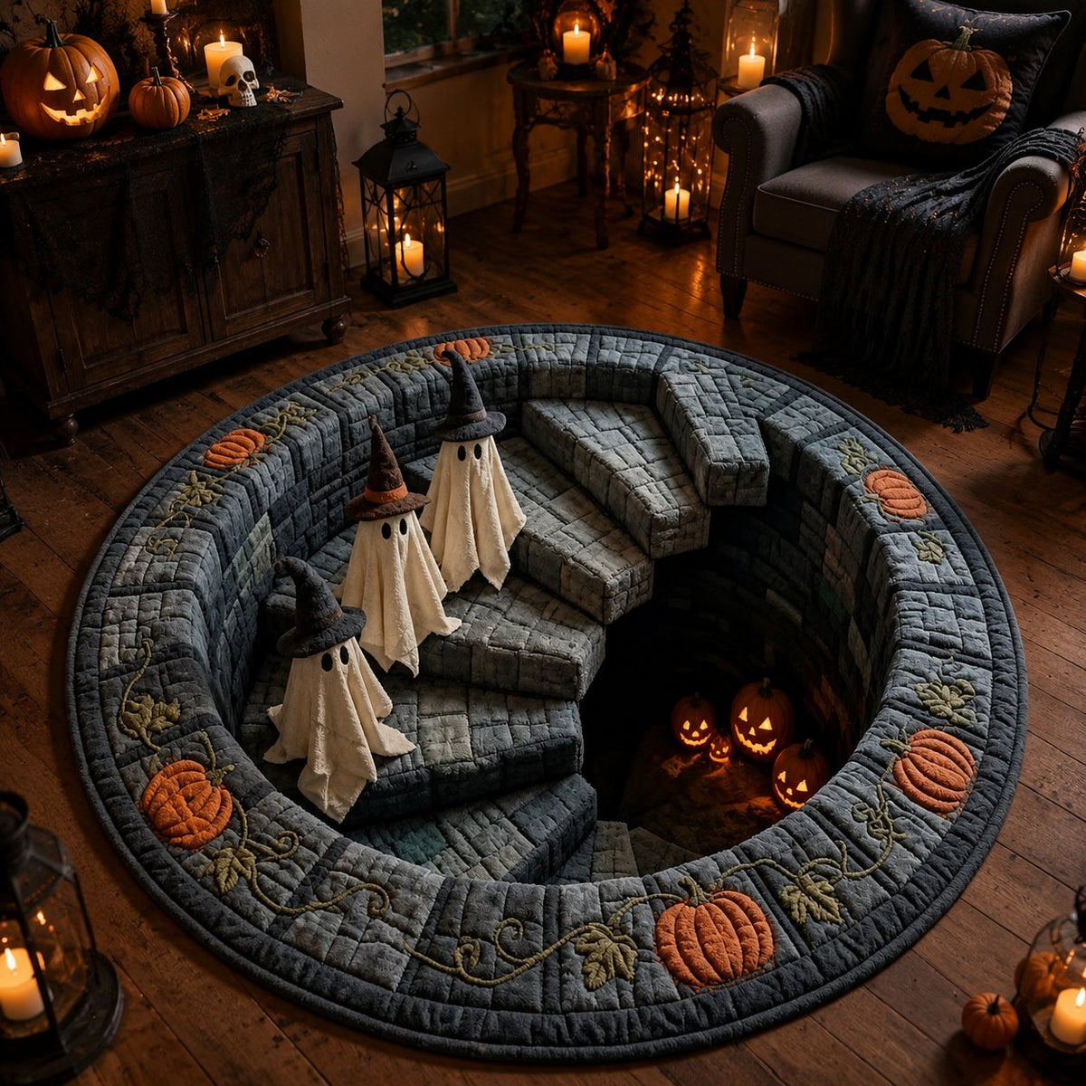 🔥3D Haunted Staircase Round Rug – Spooky Halloween Optical Illusion👻