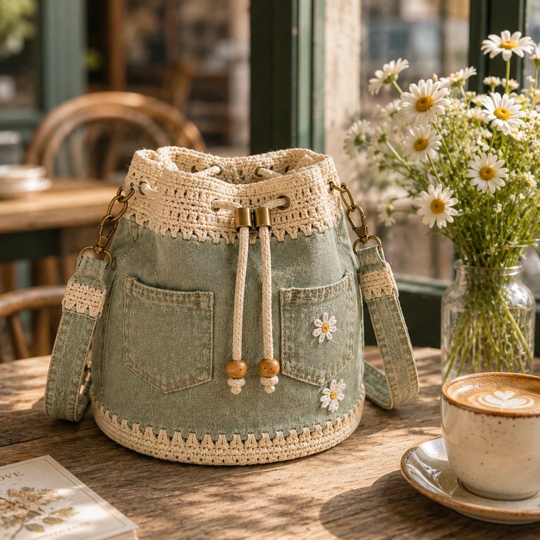 ✨ Hot Sale 50% -✨👜Handmade Denim Crochet Bucket Bag
