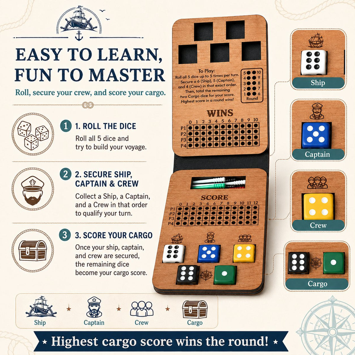 🔥 Last Day 50% OFF✨-⚓Ship, Captain, Crew Wooden Dice Game for Family Fun & Travel 🎲