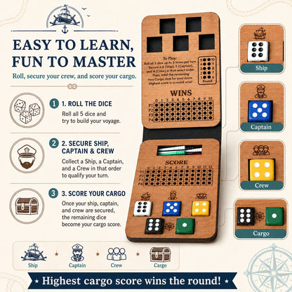 🔥 Last Day 50% OFF✨-⚓Ship, Captain, Crew Wooden Dice Game for Family Fun & Travel 🎲