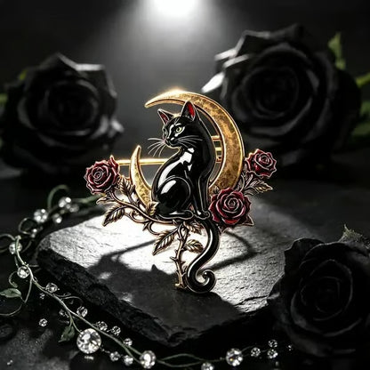 🐈‍⬛ Last Day 50% OFF✨-🌙 Gothic Black Cat Crescent Moon Rose Brooch 🖤