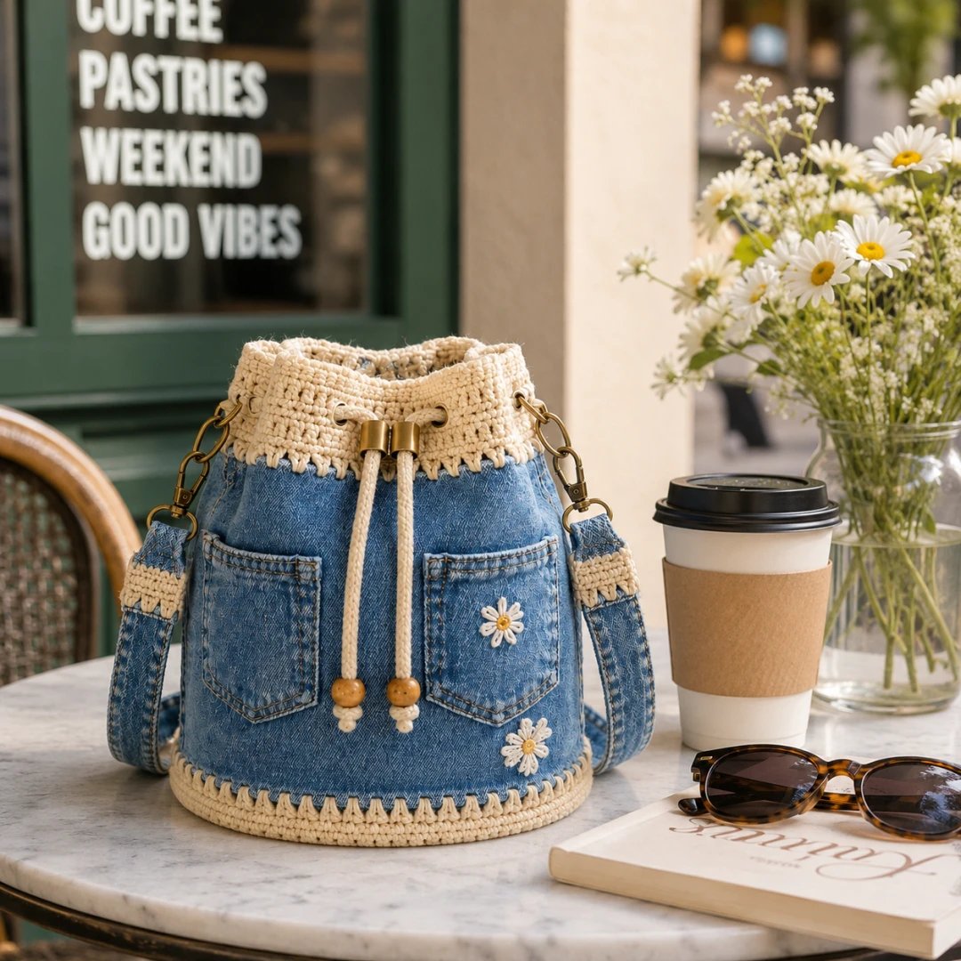 ✨ Hot Sale 50% -✨👜Handmade Denim Crochet Bucket Bag