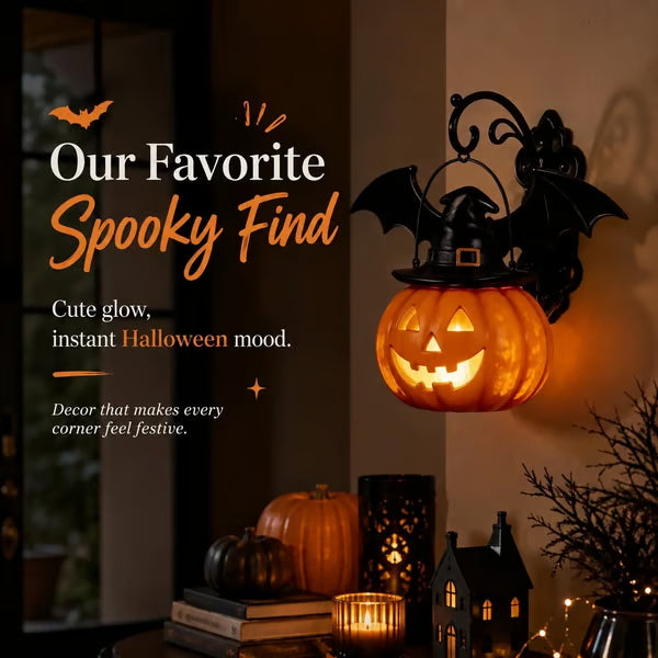 🎃Last Day 50% OFF✨-🦇Bat Hat Pumpkin Wall Lamp for Spooky, Cozy & Festive Home Decor 👻