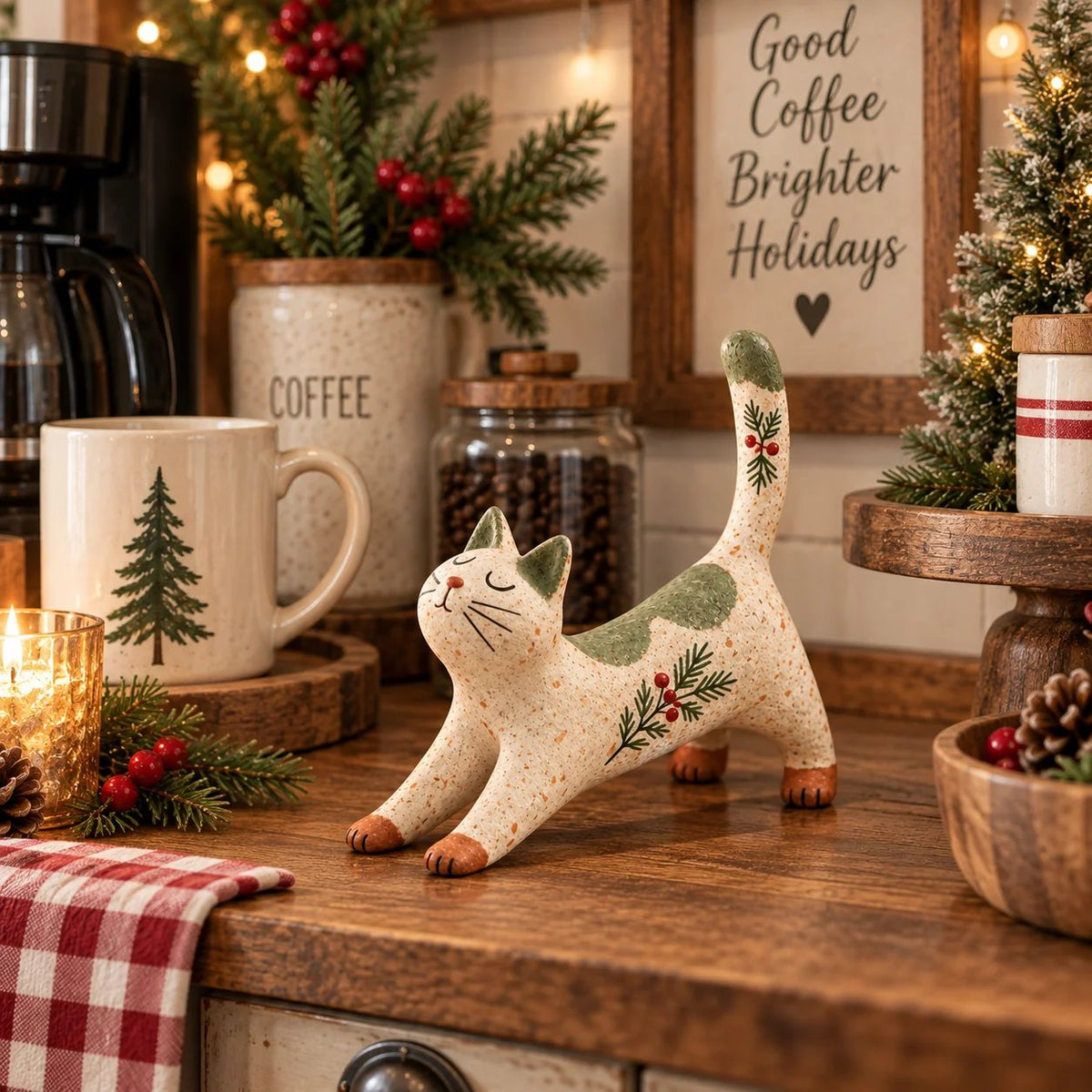 🐾 Holiday Celebration 50% OFF ✨-🐈 Woodland Christmas Cat Figurine for Cozy Holiday Decor 🏡