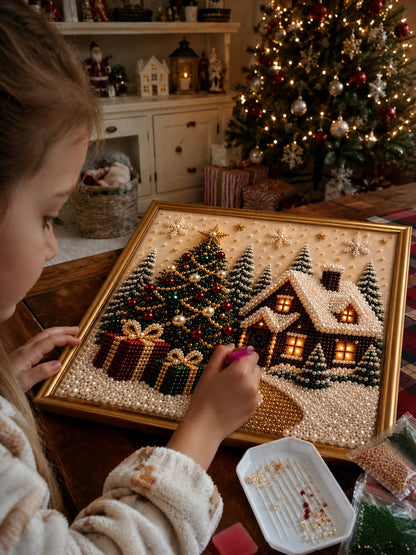 🎅 🎄 Premium 3D Pearl Christmas Wall Art Kit | Luxury Flocked Canvas with Scratch-Resistant Non-Fading Pearl Beads DIY Holiday Decor⛄️❄️