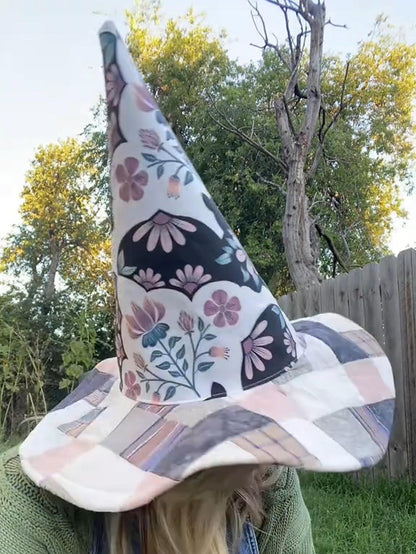 ✨Last day Promotion 🔥-🧙‍♀️ Quilted Witch Hat – Handcrafted Folk Art Style for Unique Halloween Charm 🎃