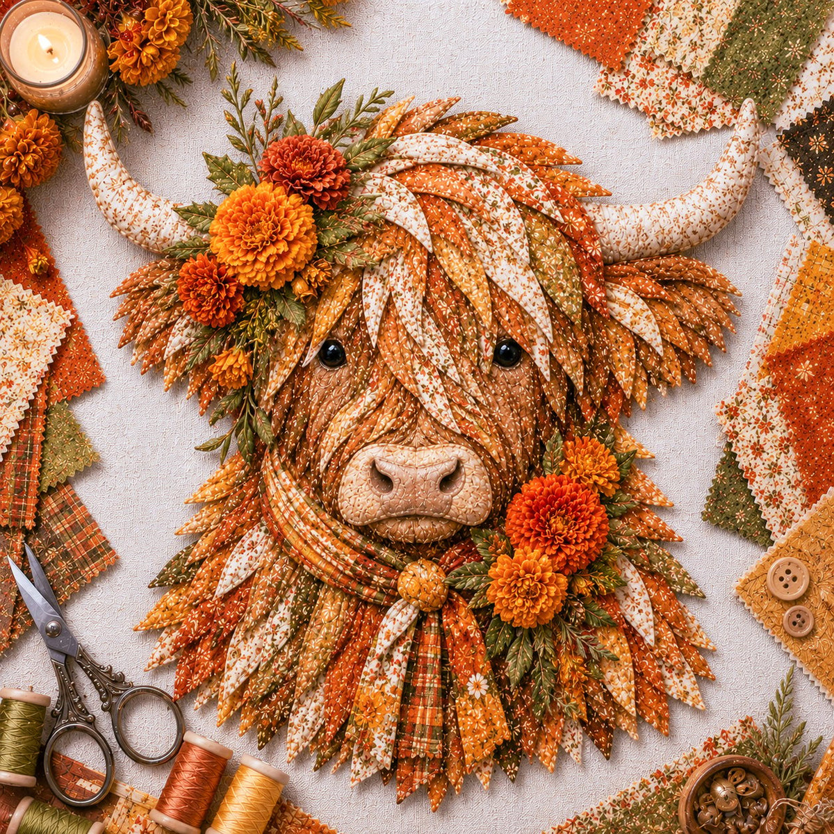 🔥 Last Day 50% OFF✨-🐮 DIY Highland Cow 3D Fabric Art Kit with Beautiful Birth Flower Design 🌸✨