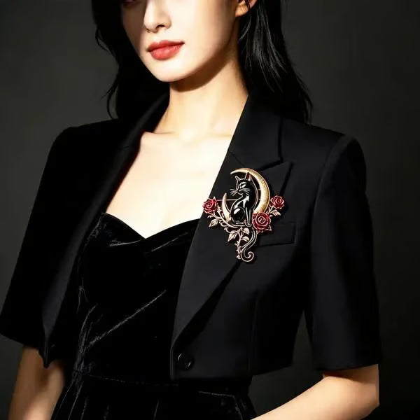 🐈‍⬛ Last Day 50% OFF✨-🌙 Gothic Black Cat Crescent Moon Rose Brooch 🖤
