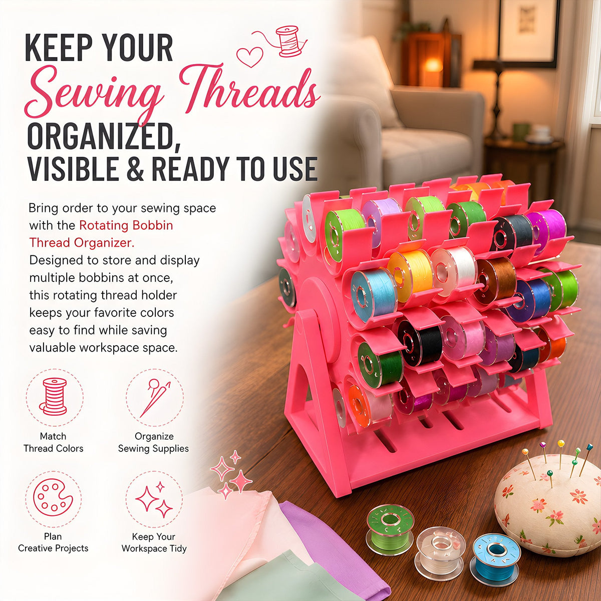 🧵360° Rotating Bobbin Organizer – Holds 60 A-Size Bobbins