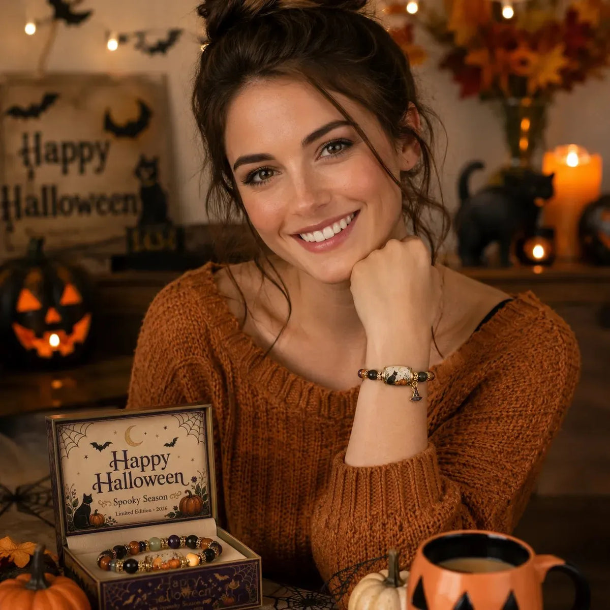 ⏰Last day Promotion 🔥-🎃 Halloween Beaded Bracelet – Black Cat & Pumpkin Charm Spooky Season Jewelry Gift
