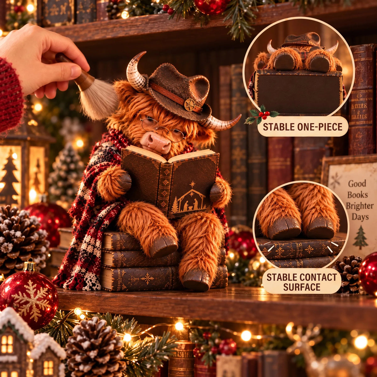 📚Last day Promotion 🔥-🐮Enchanted Highland Cow Reader Sculpture for Cozy Winter Book Nook Decor 📚