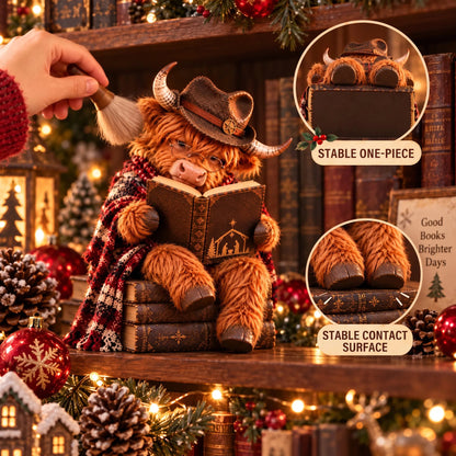 📚Last day Promotion 🔥-🐮Enchanted Highland Cow Reader Sculpture for Cozy Winter Book Nook Decor 📚