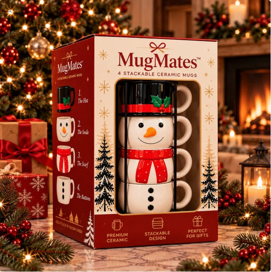 🎄 MugMates Christmas Stackable Mug Set – 4-Piece Ceramic Holiday Cups