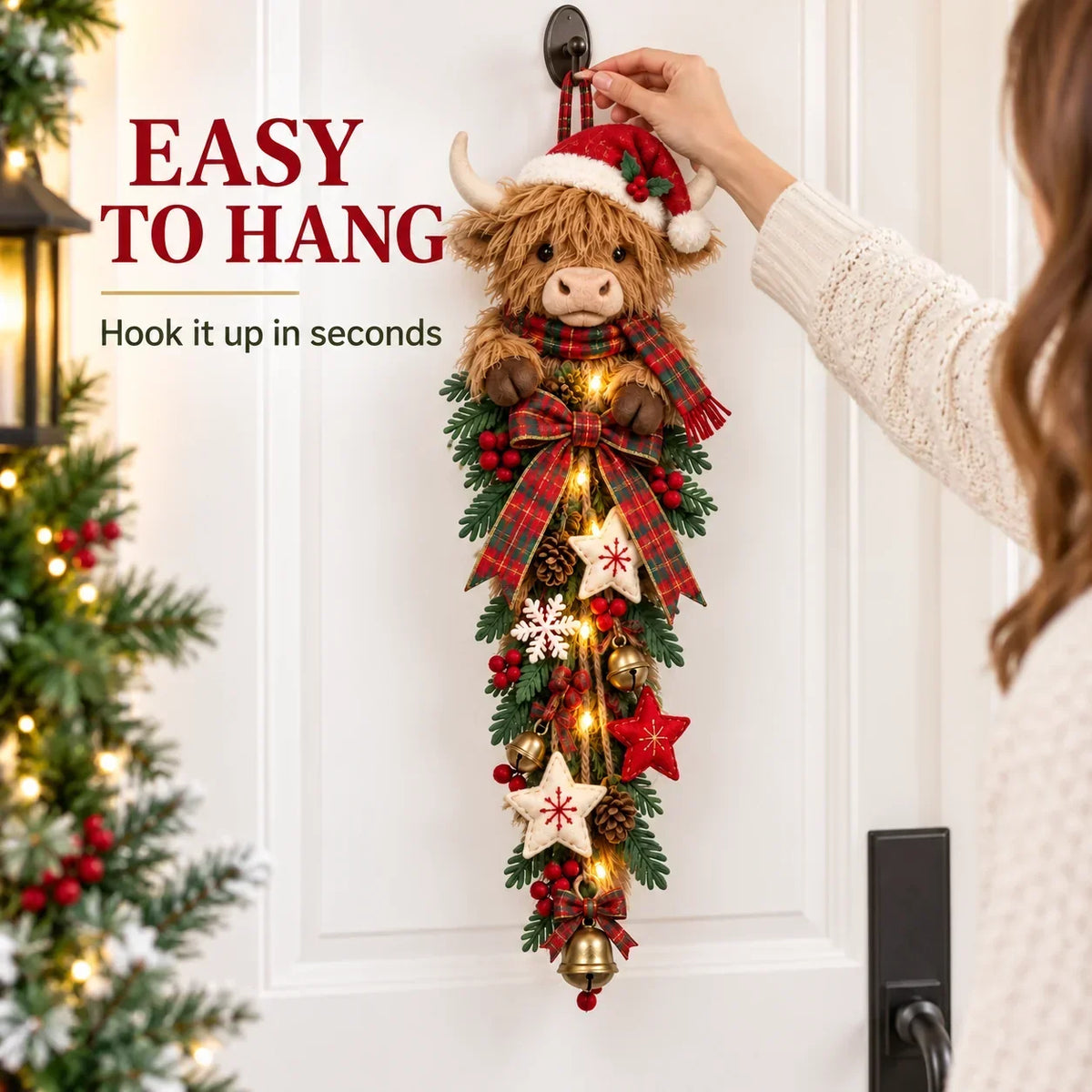 🔥 Last Day 50% OFF✨-🐮 Lighted Highland Cow Christmas Door Swag for Cozy Farmhouse Holiday Decor 🎄