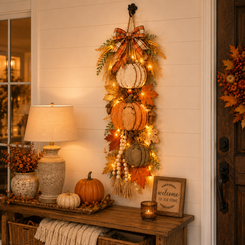 🎃🍂 Rustic Wooden Pumpkin Door Hanging ✨ Fall Front Door Decor with Warm LED Lights 🏡
