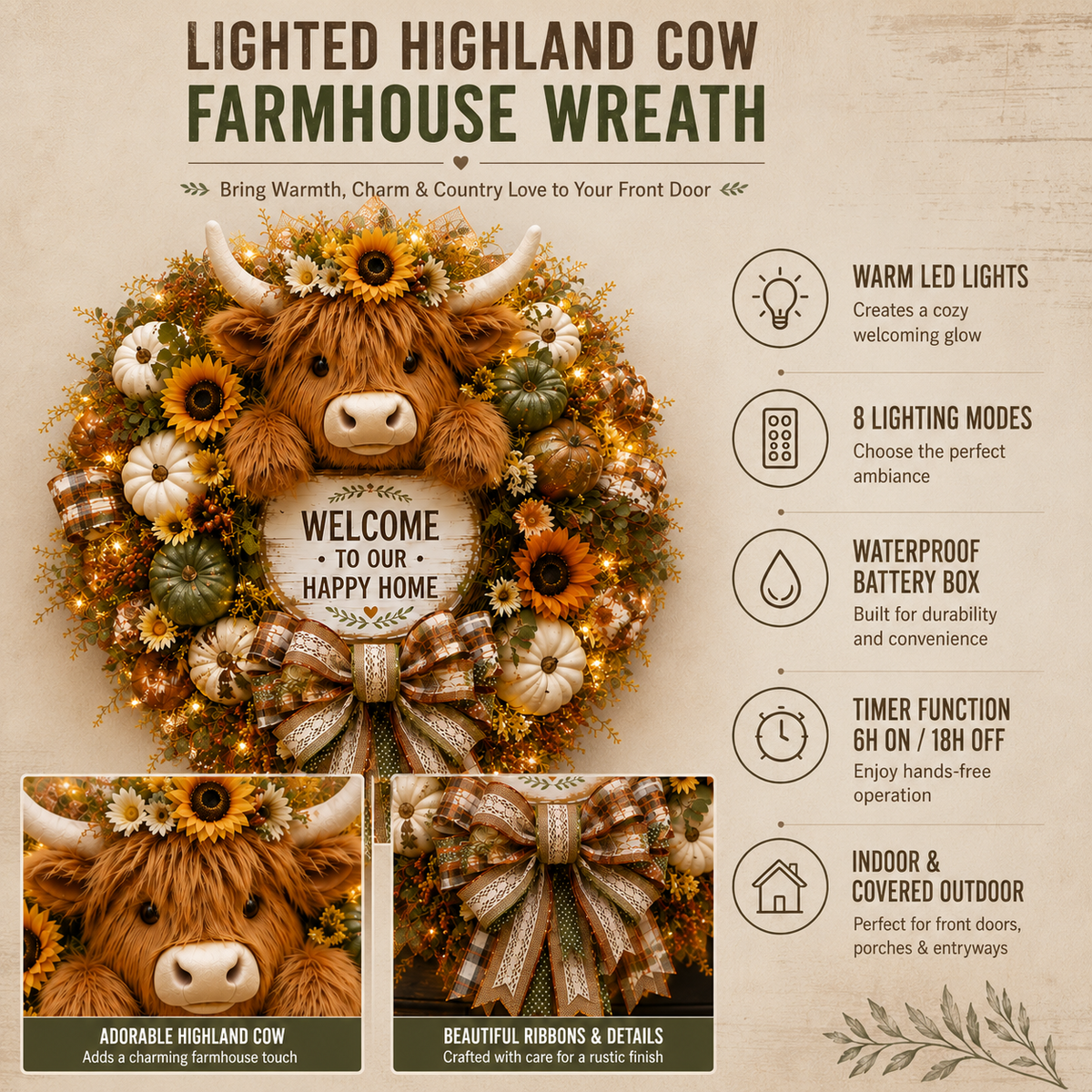🔥 Last Day 50% OFF✨-🐮Highland Cow Welcome Wreath for Cozy Farmhouse Entryway Decor & Charming Seasonal Home Style 🌾