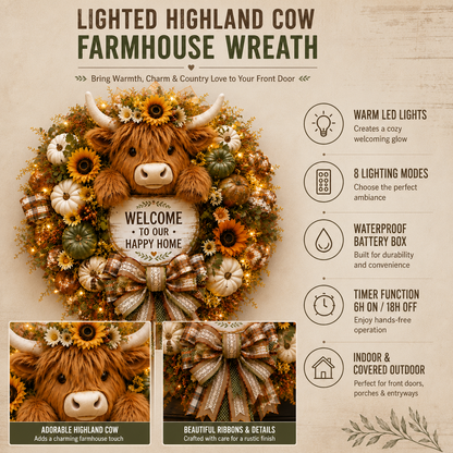 🔥 Last Day 50% OFF✨-🐮Highland Cow Welcome Wreath for Cozy Farmhouse Entryway Decor & Charming Seasonal Home Style 🌾