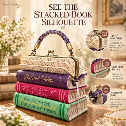 📚✨Book Stack Handbag – Vintage-Inspired Book-Shaped Top Handle Purse, Unique Gift for Book Lovers