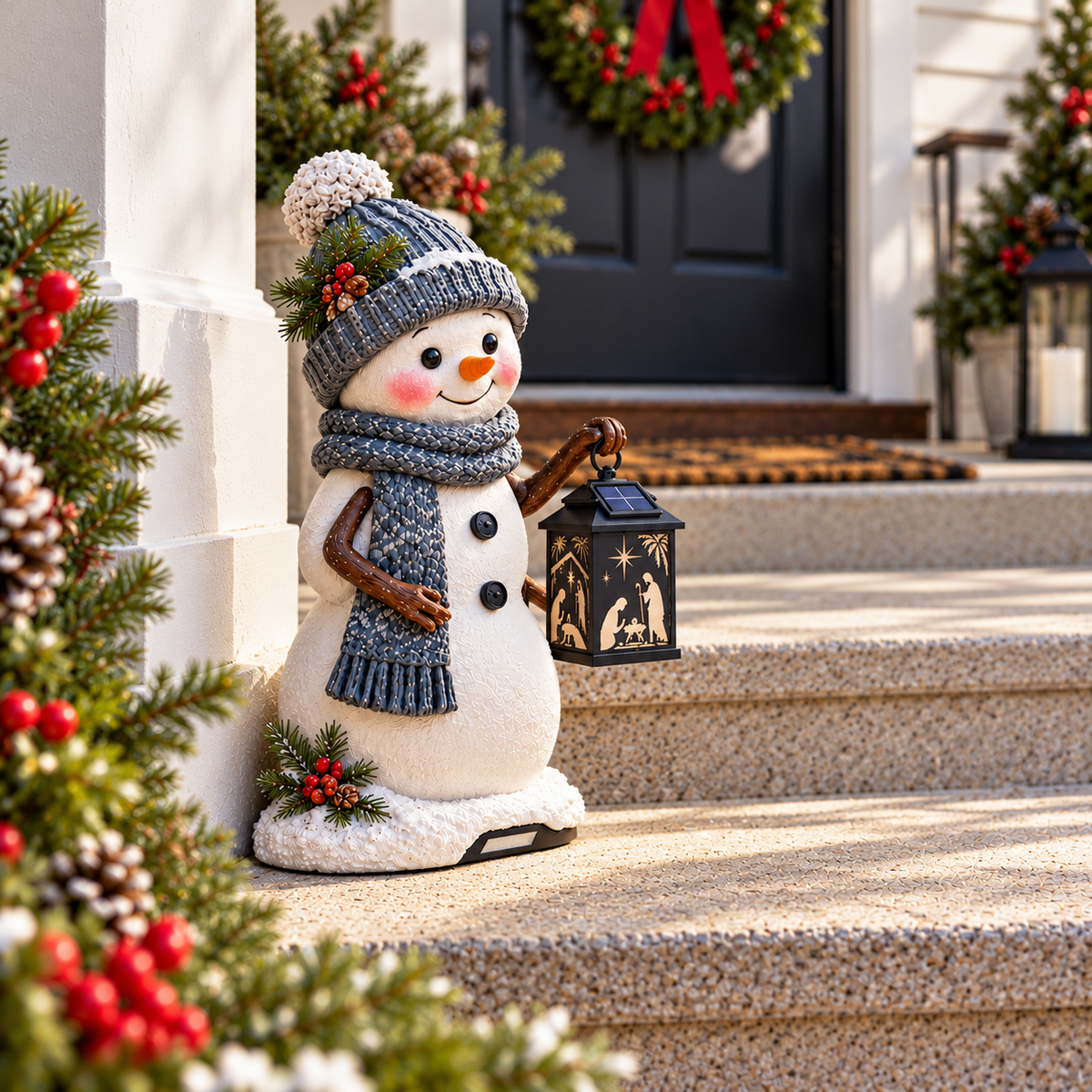 Christmas lantern decoration by a welcoming front entrance