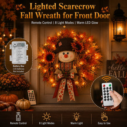 🍁 Holiday Celebration 50% OFF 🌻-🍂Lighted Scarecrow Fall Wreath for a Cozy, Welcoming Front Door Display ✨