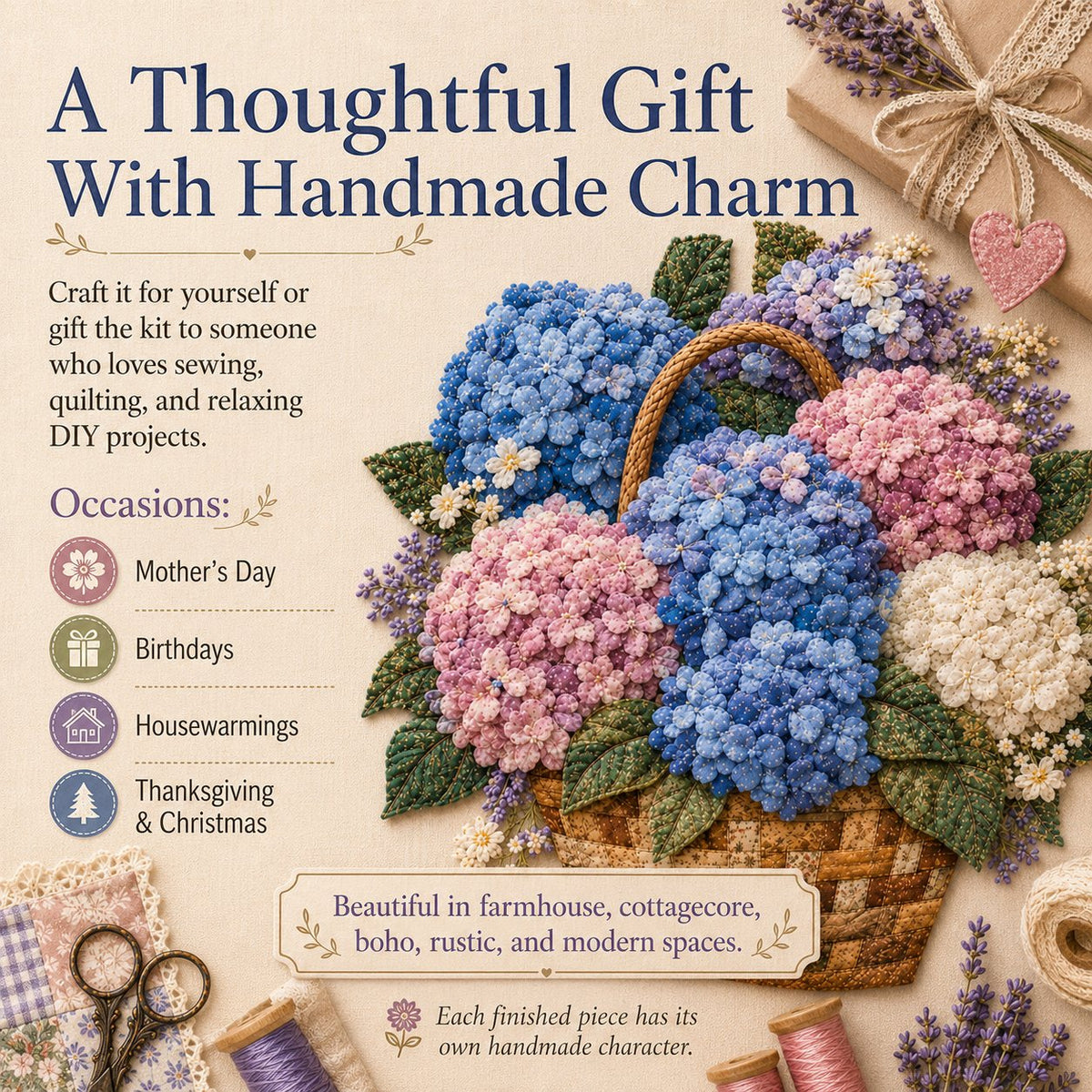 🧵HOT SALE 50% OFF✨ -🌸 Floral Basket Patchwork DIY Kit with 3D Layered Fabric Flowers for Creative Home Decor & Gifts 🎁