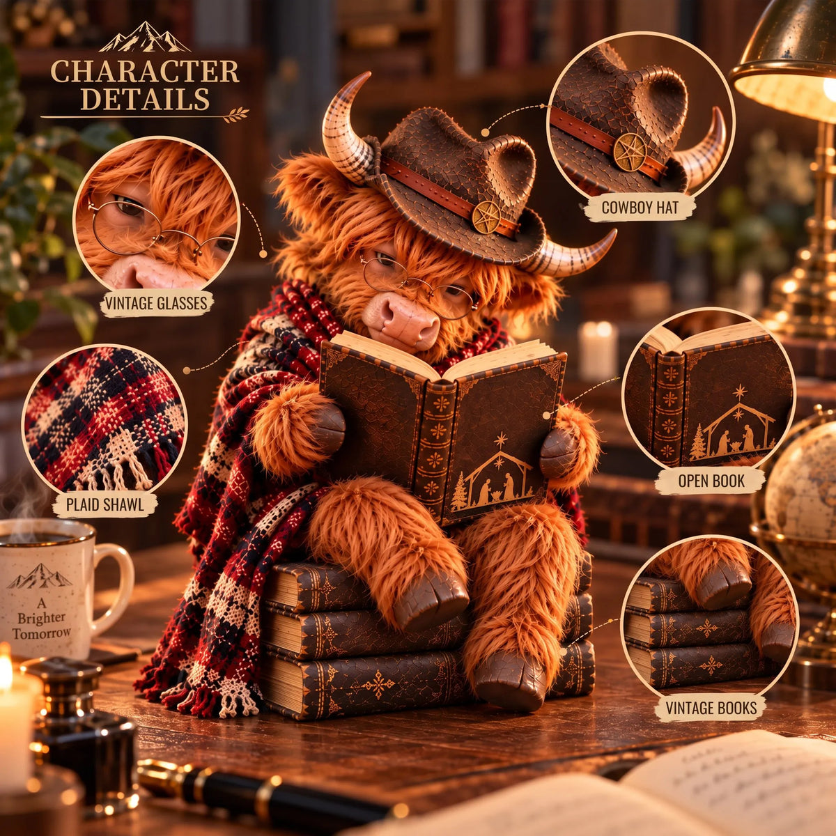 📚Last day Promotion 🔥-🐮Enchanted Highland Cow Reader Sculpture for Cozy Winter Book Nook Decor 📚