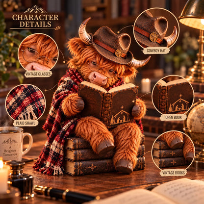 📚Last day Promotion 🔥-🐮Enchanted Highland Cow Reader Sculpture for Cozy Winter Book Nook Decor 📚