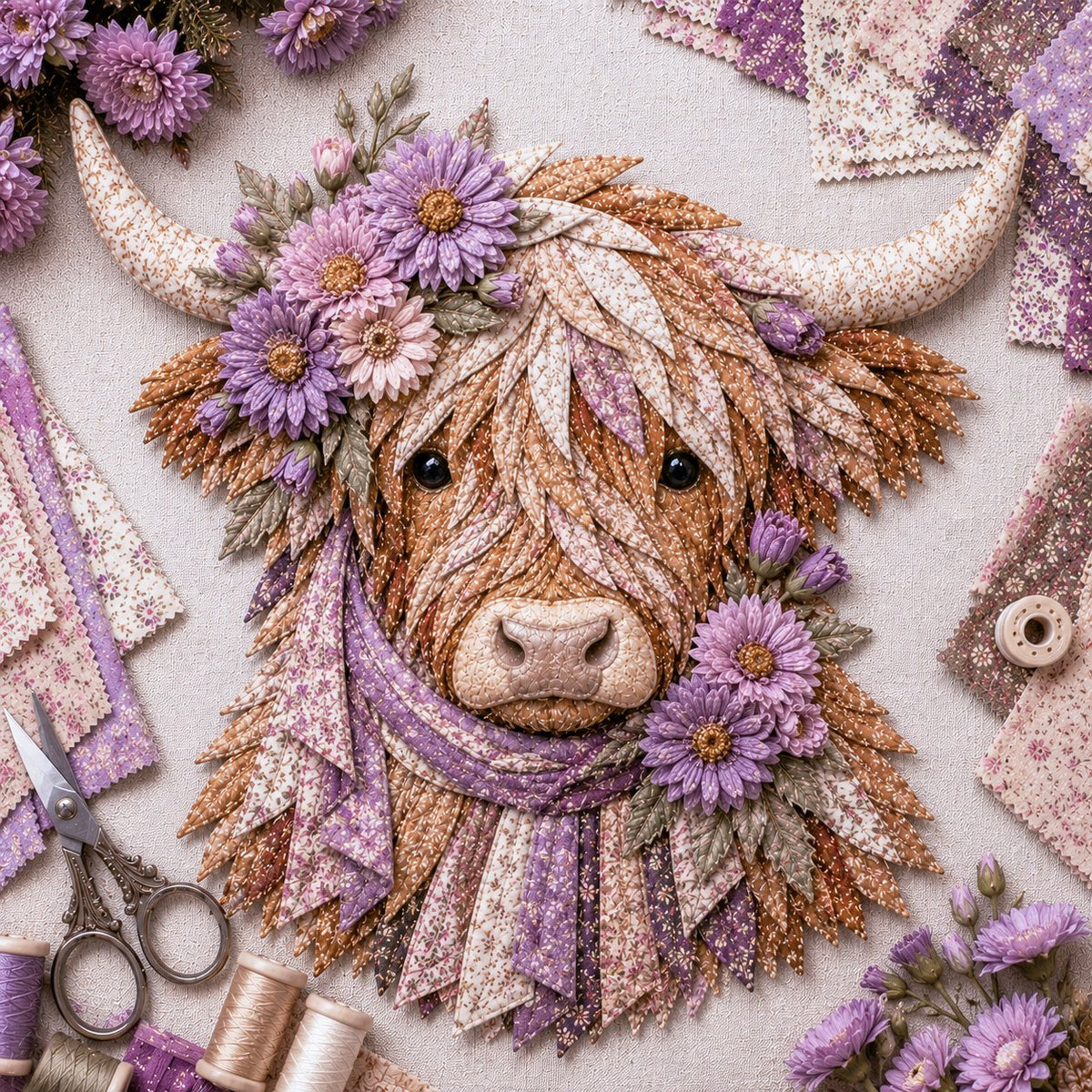 🔥 Last Day 50% OFF✨-🐮 DIY Highland Cow 3D Fabric Art Kit with Beautiful Birth Flower Design 🌸✨