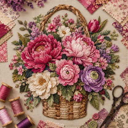 🧵HOT SALE 50% OFF✨ -🌸 Floral Basket Patchwork DIY Kit with 3D Layered Fabric Flowers for Creative Home Decor & Gifts 🎁