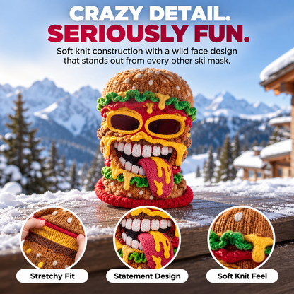 🍔 50% OFF – Funny Burger Monster Knit Ski Mask – Novelty Food Balaclava 😎❄️