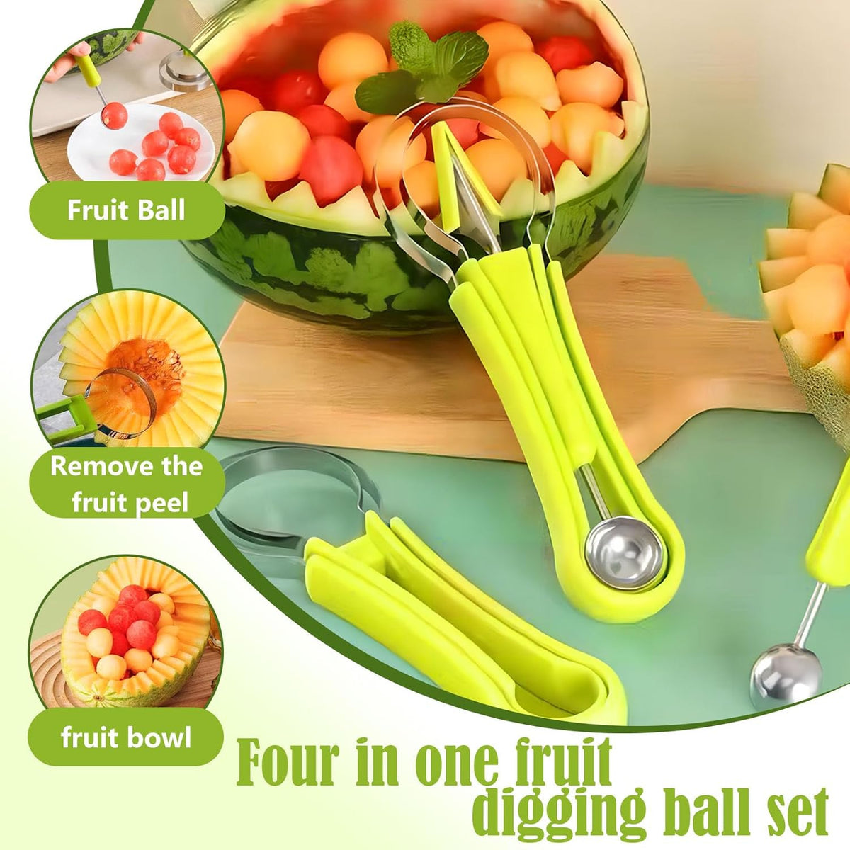 🔥 Last Day 50% OFF✨-🍉 4-in-1 Melon Baller Set for Easy Fruit Scooping, Cutting & Creative Carving 🍓