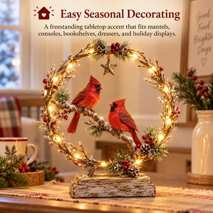 🔥 Last Day 50% OFF✨-Lighted Cardinal Tabletop Decor, Rustic Red Cardinal Pair with Warm LED Lights