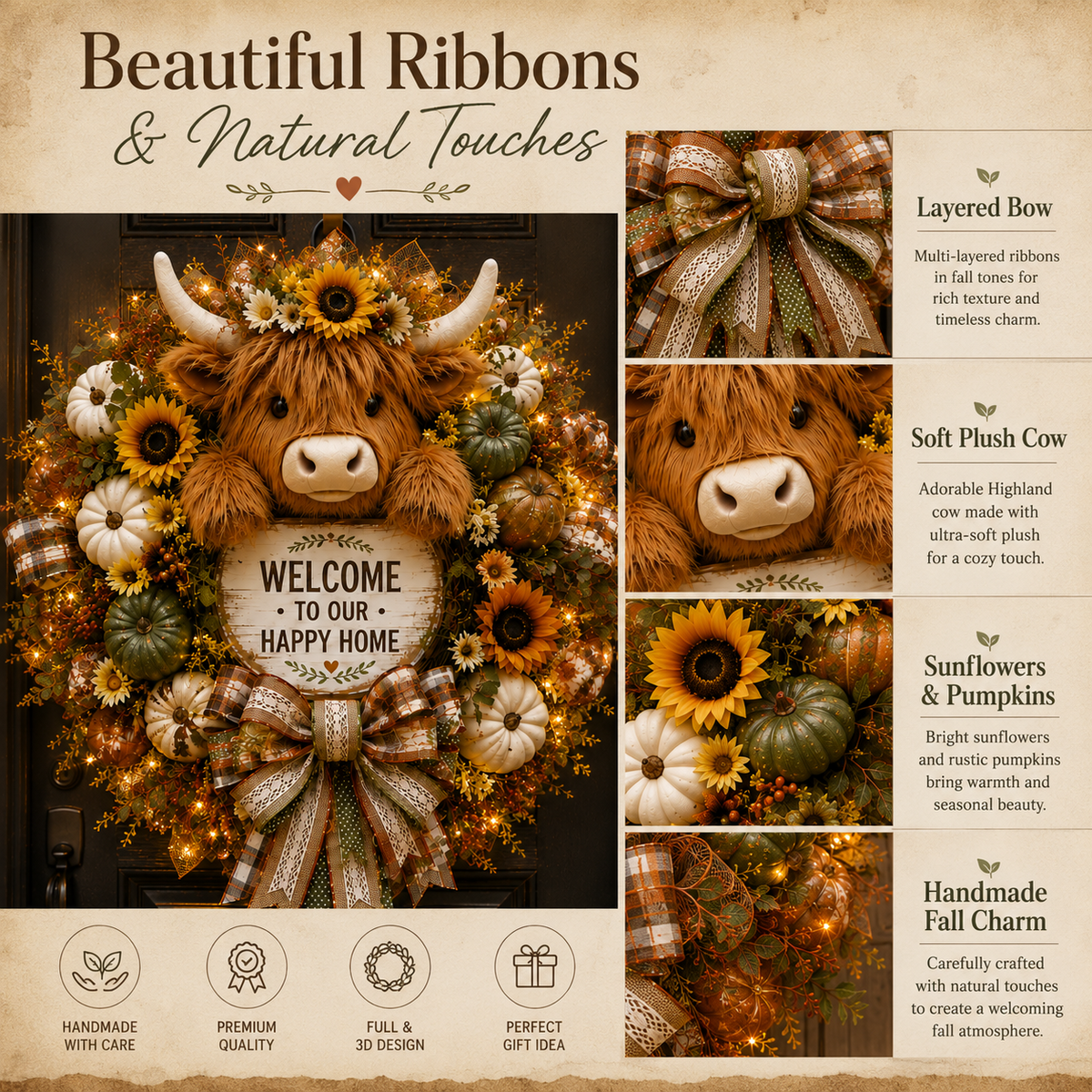 🔥 Last Day 50% OFF✨-🐮Highland Cow Welcome Wreath for Cozy Farmhouse Entryway Decor & Charming Seasonal Home Style 🌾