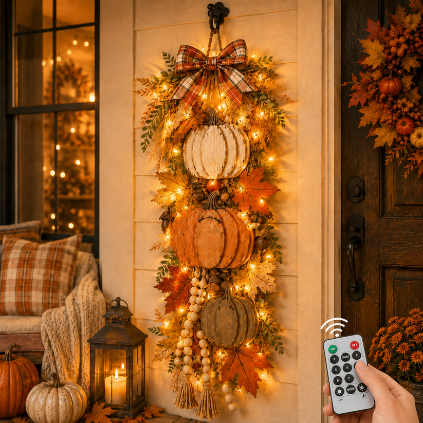 🎃🍂 Rustic Wooden Pumpkin Door Hanging ✨ Fall Front Door Decor with Warm LED Lights 🏡
