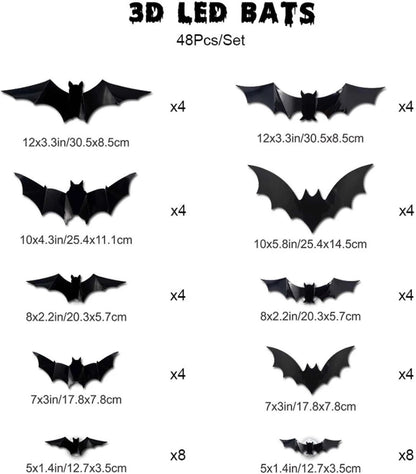 🦇 3D LED Flying Bats Halloween Wall Decor | 12-60PCS Realistic Bat Stickers with Lights