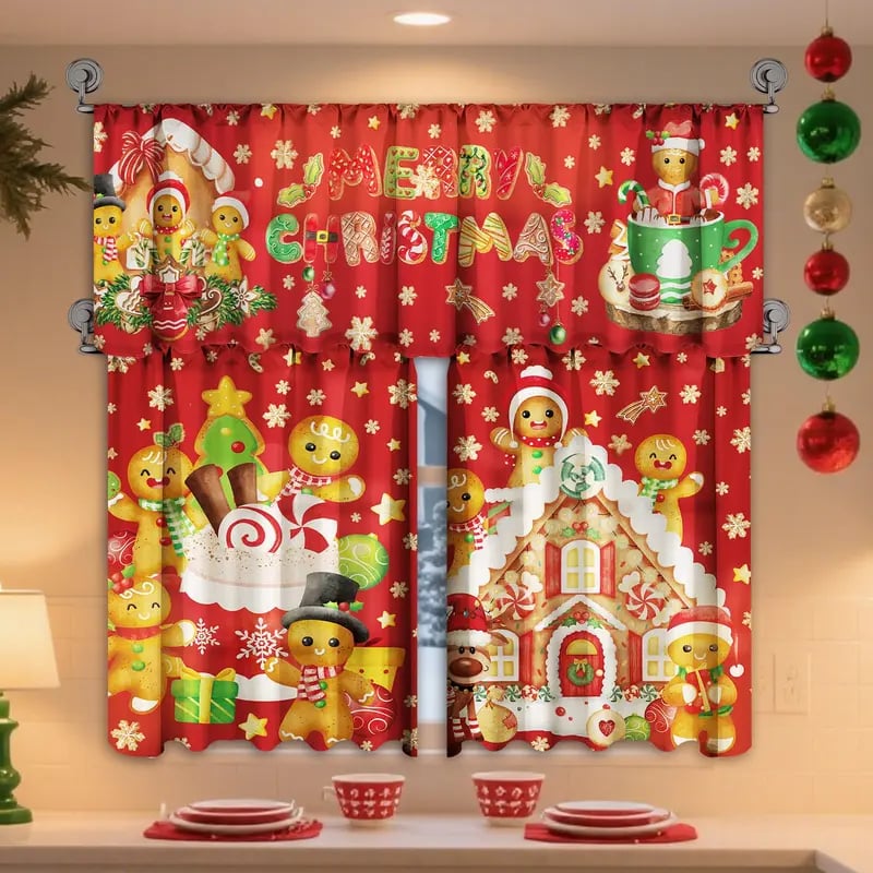 🎄Festive Christmas Kitchen Curtain Set – 3-Piece Holiday Window Decor🏡
