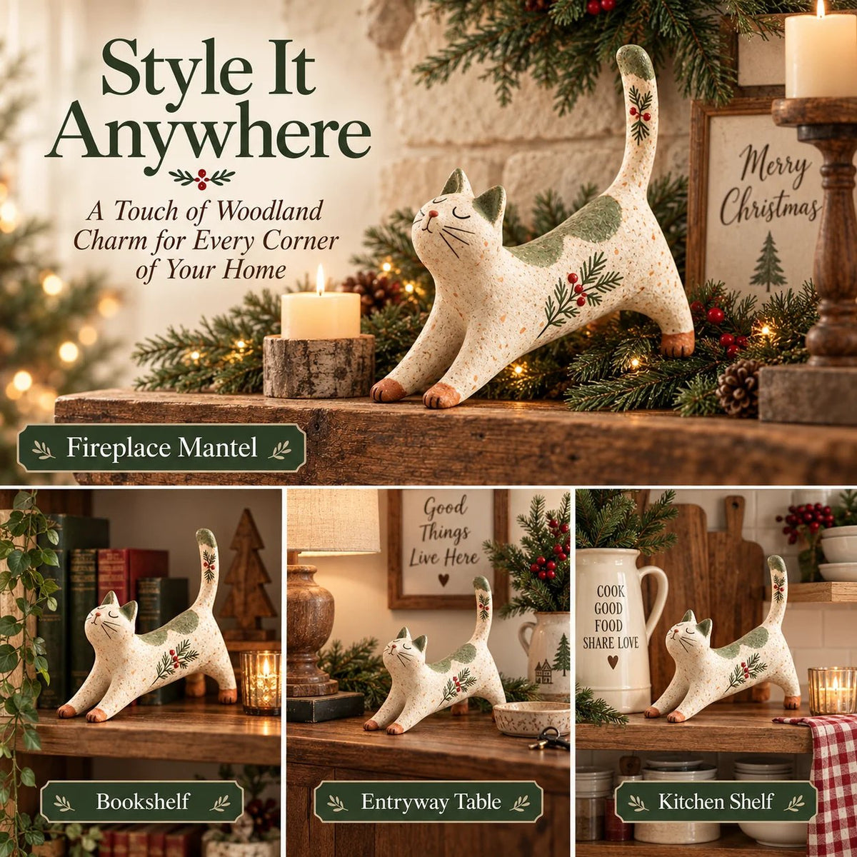 🐾 Holiday Celebration 50% OFF ✨-🐈 Woodland Christmas Cat Figurine for Cozy Holiday Decor 🏡