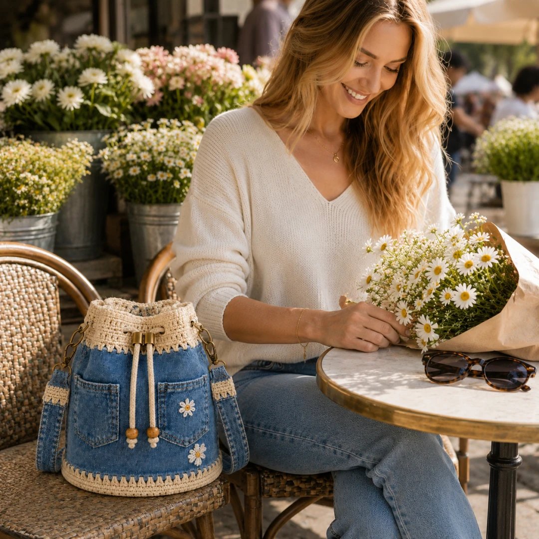 ✨ Hot Sale 50% -✨👜Handmade Denim Crochet Bucket Bag